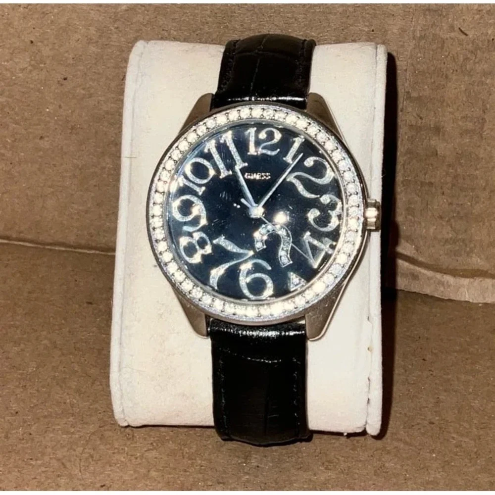 Guess Womens Watch Black Faux Leather Band Y2K Crystal Bezel fashionable